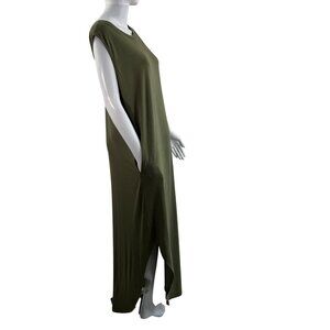 Olive Green Womens Large T Shirt Jersey Maxi Sun Dress Sleeveless Pockets Beachy